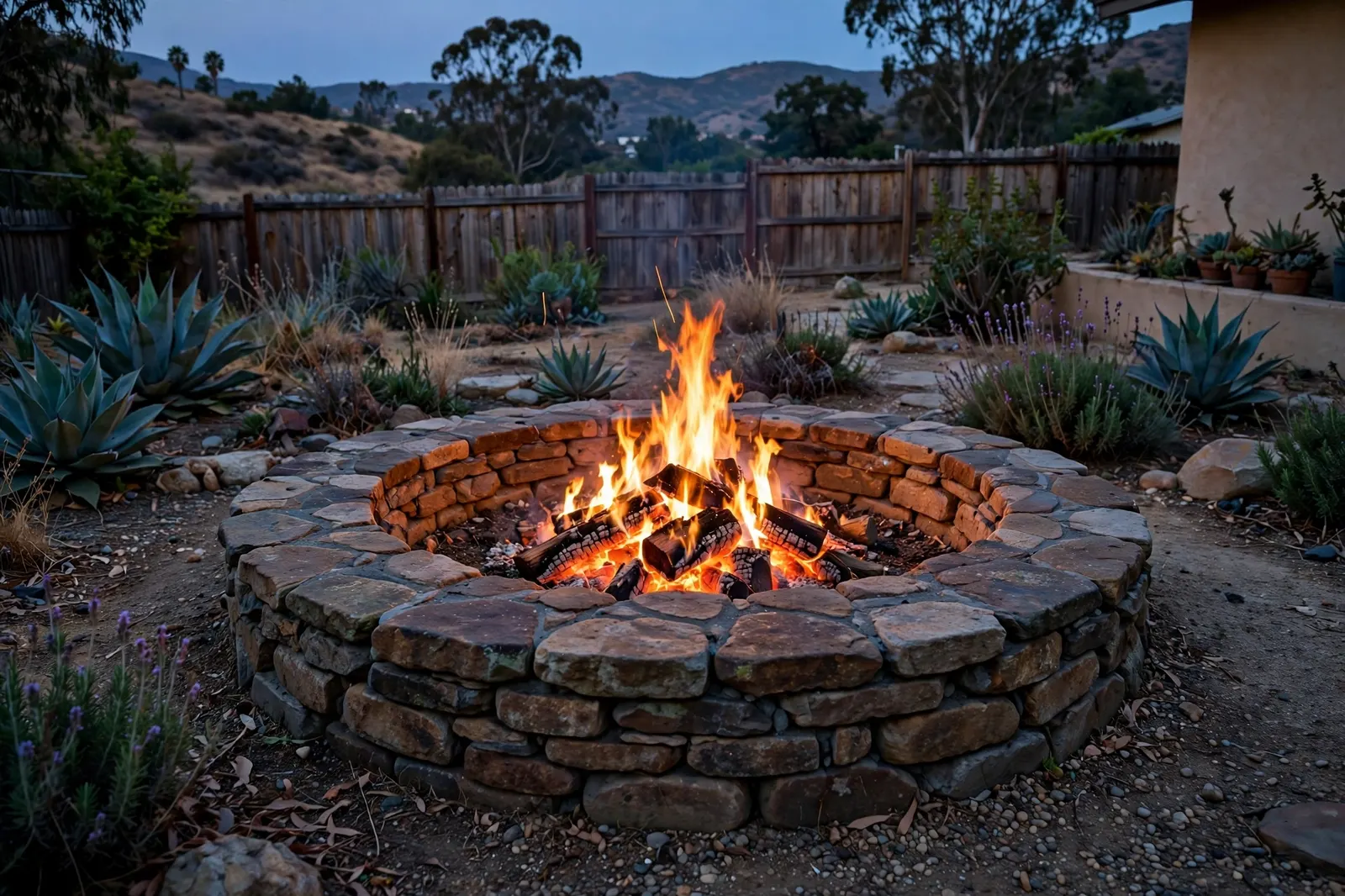 Circular stone fire pit with fire burning at dusk