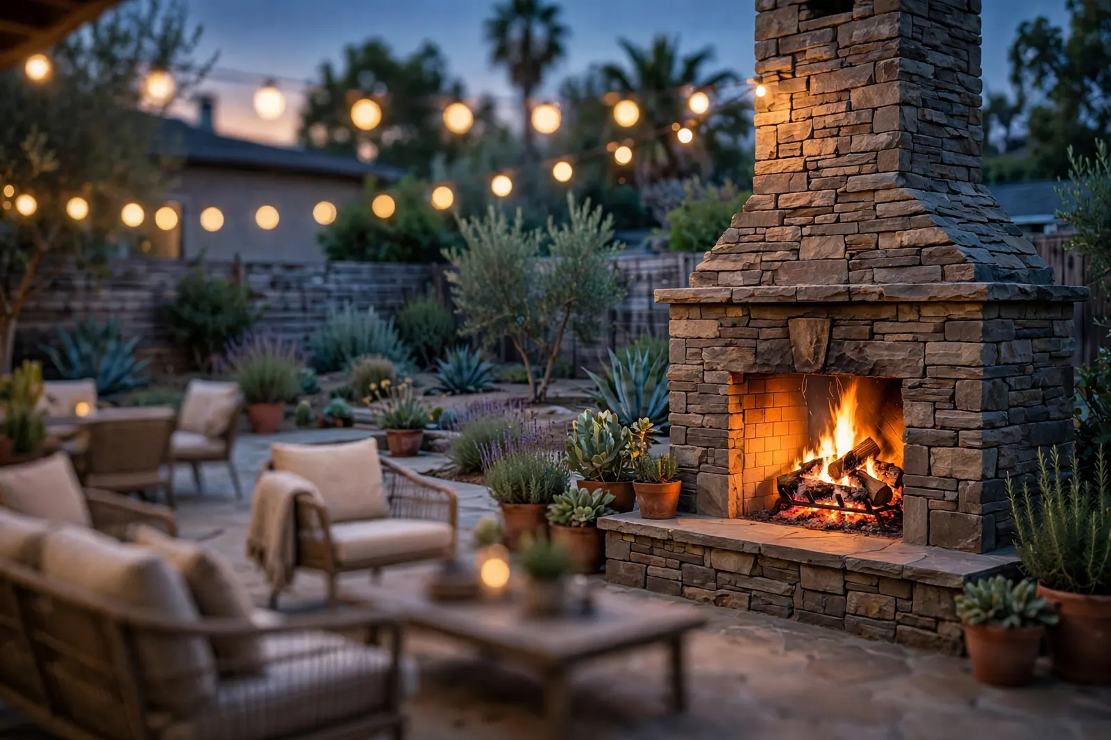 Stacked-stone outdoor fireplace with fire lit at dusk