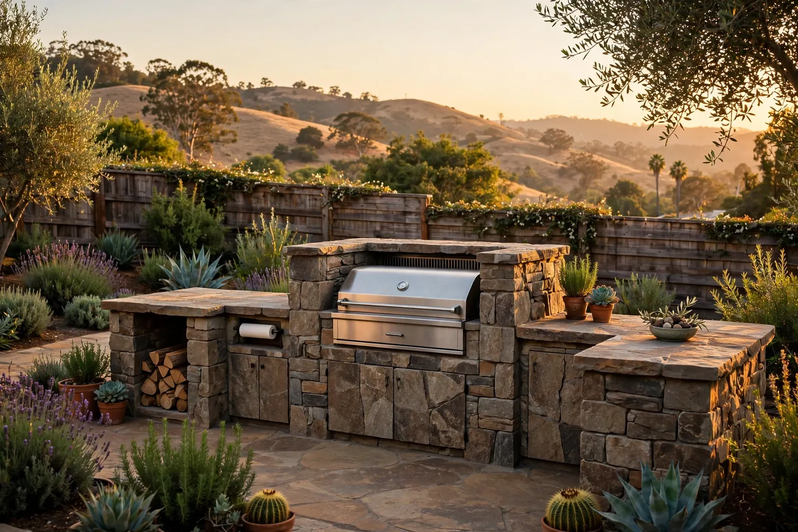 Stone outdoor kitchen with grill and counter at golden hour